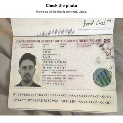 A fake passport biographical page