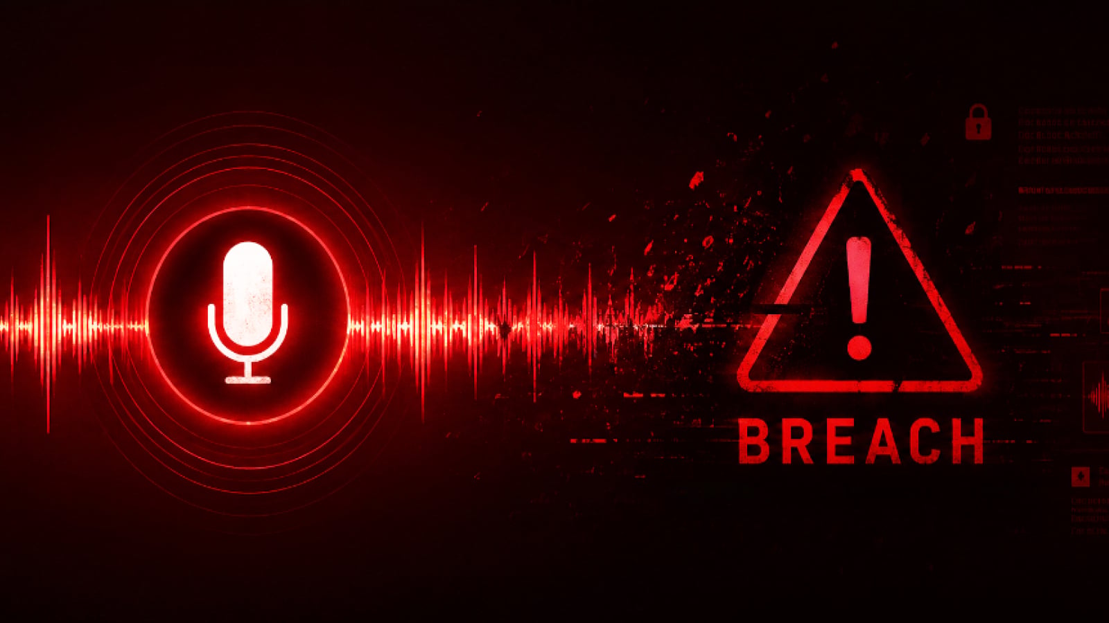 A graphic of a microphone and warning representing an AI vishing breach