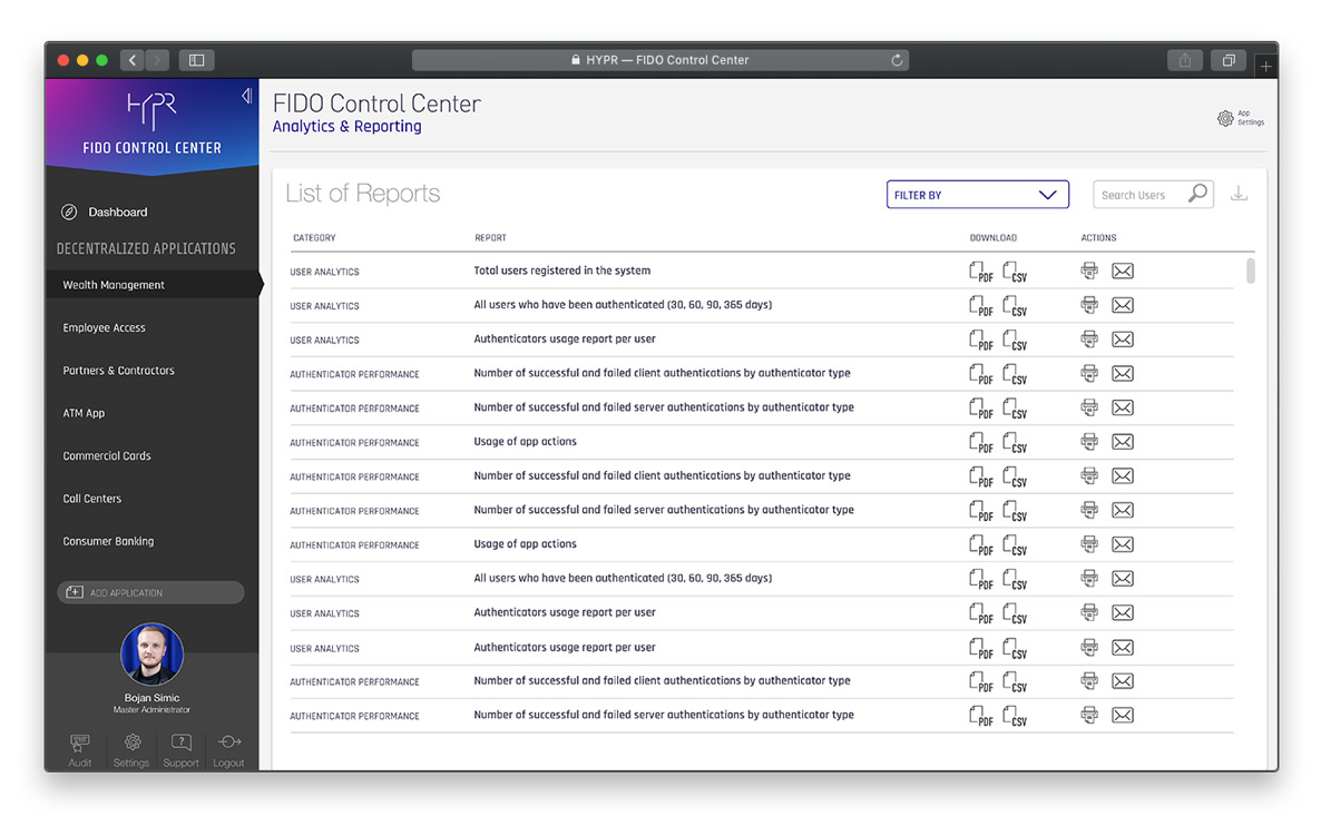 HYPR Control center FIDO analytics screen